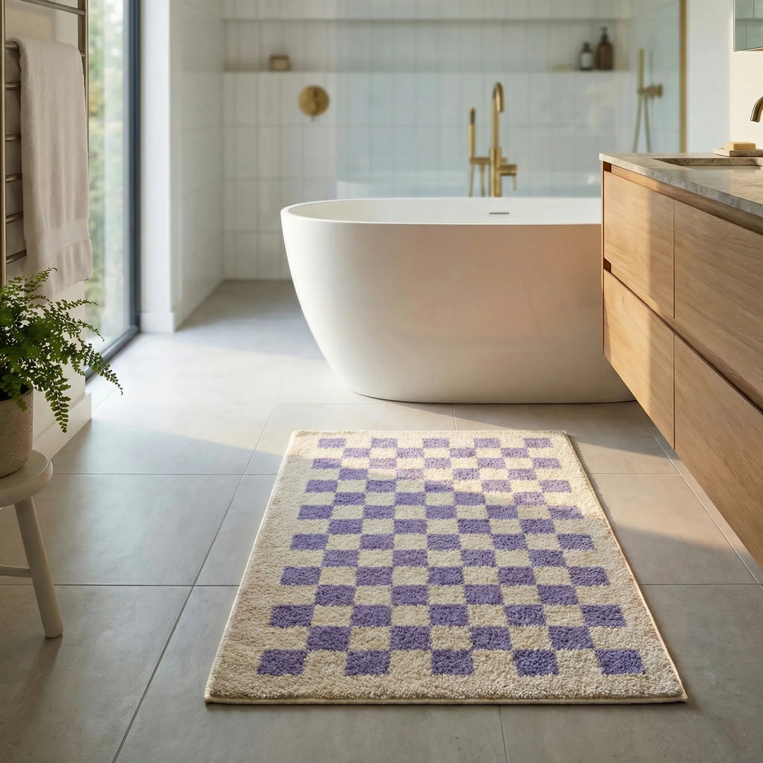 Großer, karierter Badeteppich im Badezimmer. Rutschfeste, weiche Badematte in Blau/Lila, ideal für Ihr Zuhause.