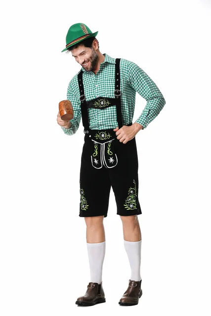 Herren Oktoberfest Outfit Set mit Weste, Lederhose, Hut & Hosenträger. Traditionelle Trachtenmode für Bierfest.