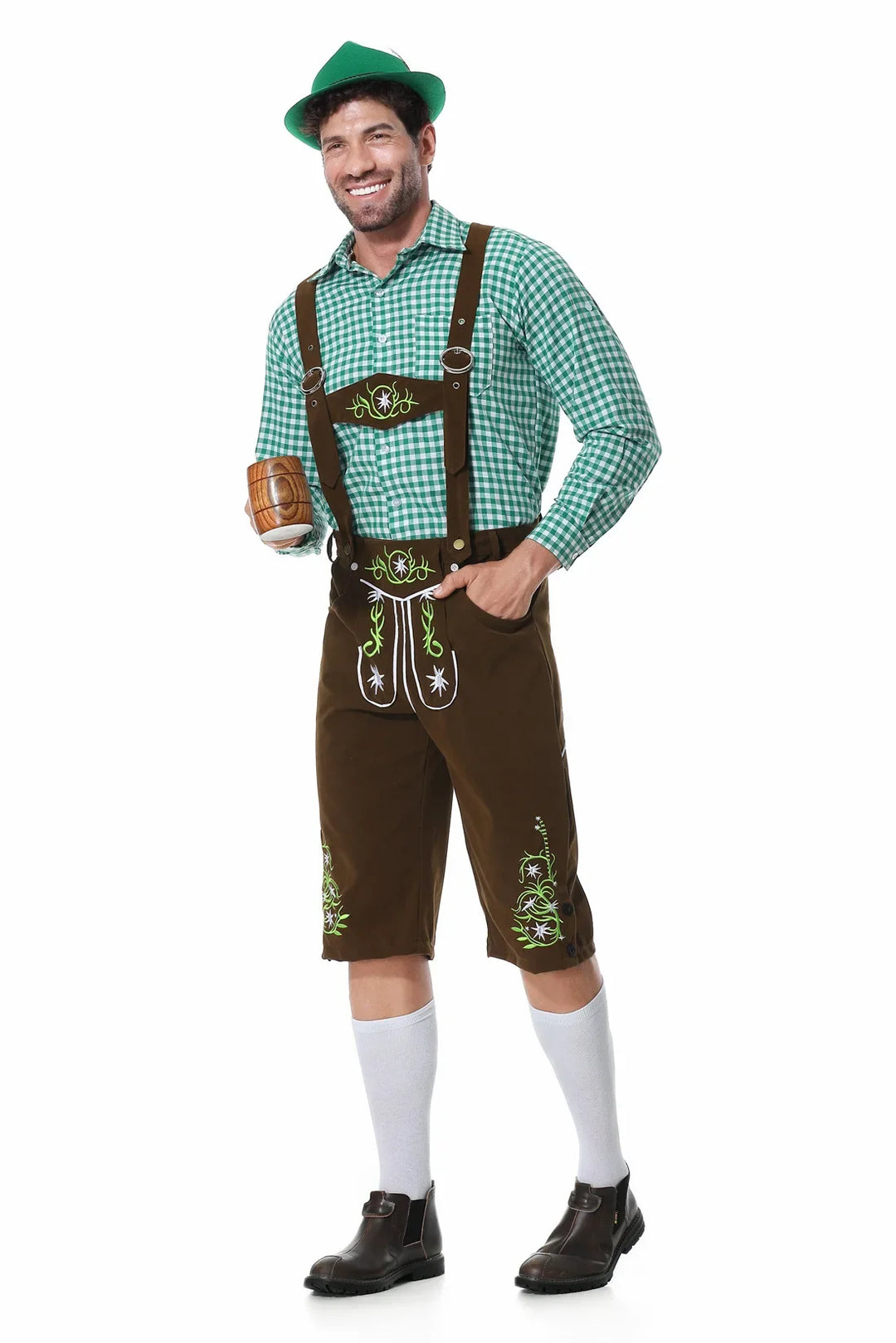 Authentisches Herren Oktoberfest Outfit Set: Traditionelle Trachtenweste, Hose, Hut & Hosenträger für Festlichkeiten.