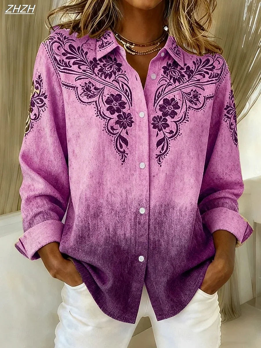 Mehrfarbige Damenbluse mit floralem und geometrischem Print, ideal als stilvolle Herbst- und Wintermode.