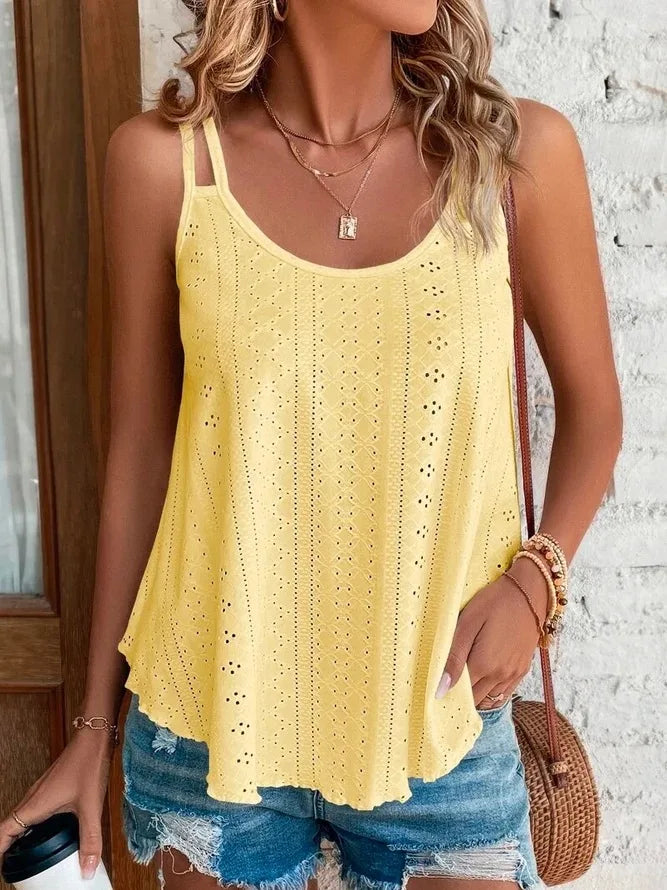 Vielseitiges Damen Boho Sommer Top mit Spaghettiträgern, A-Linie, Lochmuster, ideal für Casual & Strand.