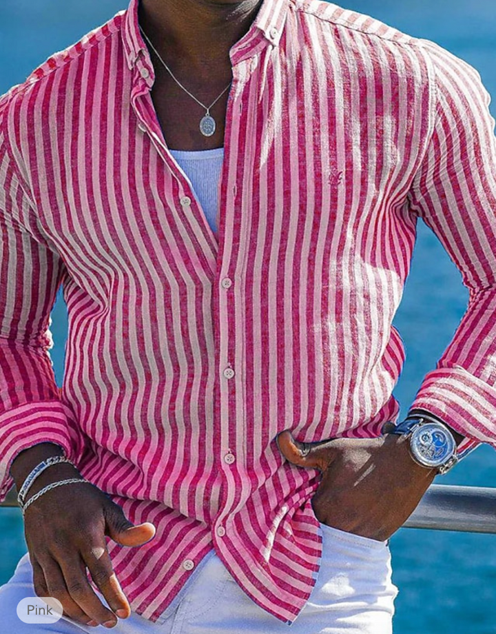Vielseitiges blaues Herren Streifenhemd für Sommer und Reisen, bequem und im Casual-Stil für Männer.