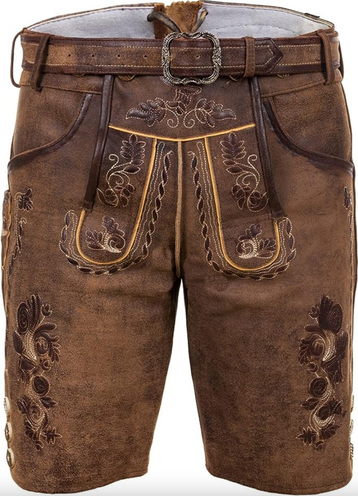 Authentische braune Herren Lederhose mit detailreicher Stickerei für Oktoberfest & Volksfeste.