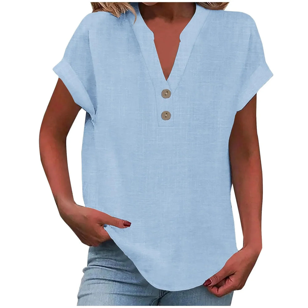 Modische Sommerbluse für Damen mit V-Ausschnitt und Knöpfen. Komfortabel & vielseitig.