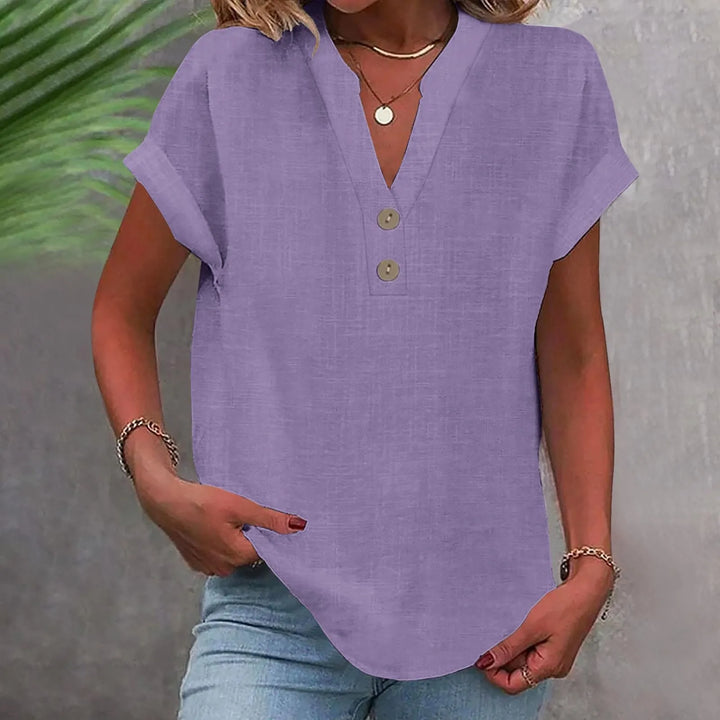 Modische Damen Sommerbluse mit V-Ausschnitt, ideal für ein lässiges oder schickes Outfit.
