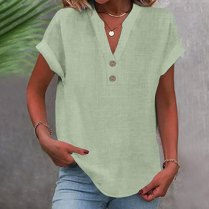 Elegante Damenbluse mit V-Ausschnitt und Knopfleiste, perfekt für Sommer und Arbeit.