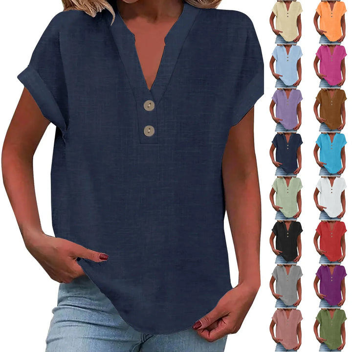 Vielseitige Damen Sommerbluse mit V-Ausschnitt, Knopfleiste und lockerem Schnitt.