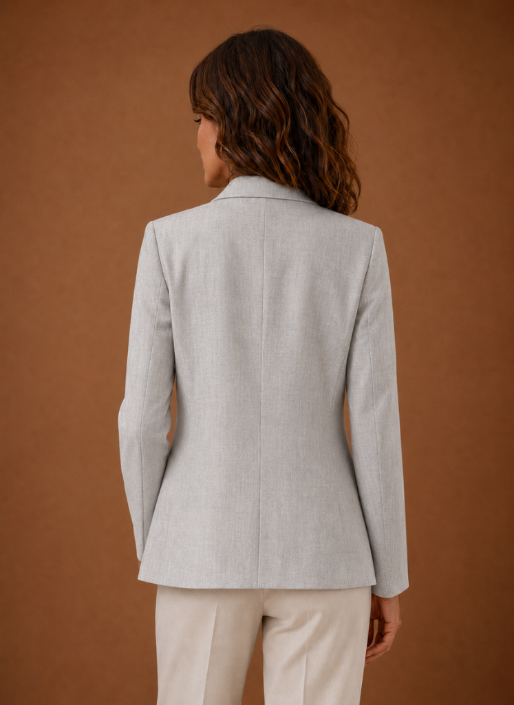Stilvoller grauer Damen Blazer mit Langarm & Einknopf-Design; ideal als Business Blazer oder für elegante Abendmode.