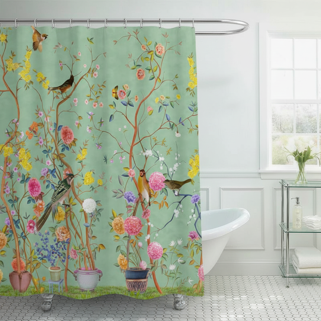 Eleganter AquaFlora Duschvorhang mit Blumen- und Vogelmotiv. Natürliches Design für Ihr Badezimmer, wasserabweisend.