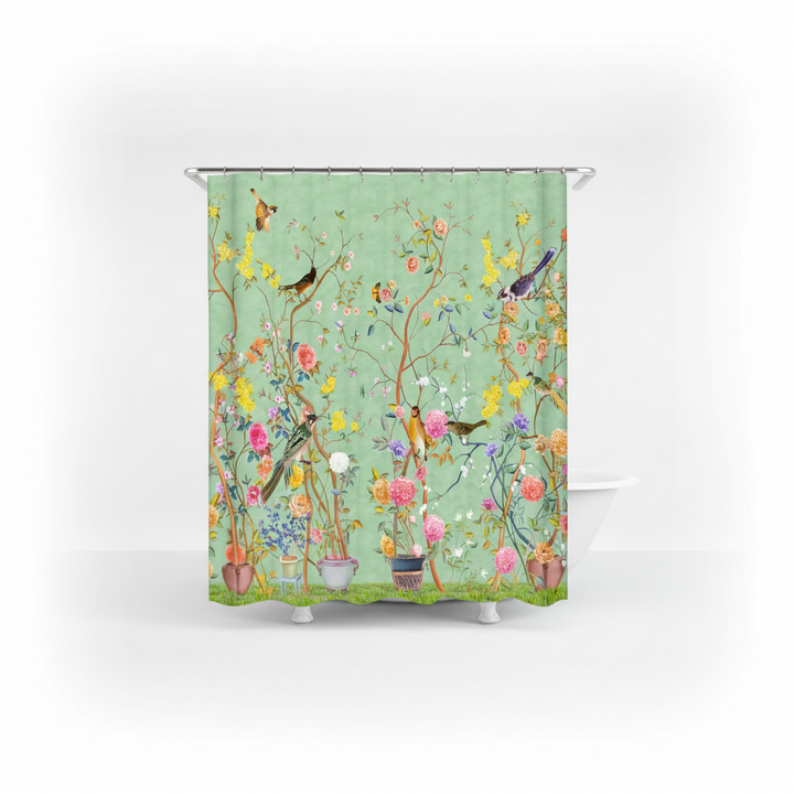Pflegeleichter Polyester Duschvorhang mit bunten Blumen & Vögeln. Maschinenwaschbar, ideal für Ihr Bad.