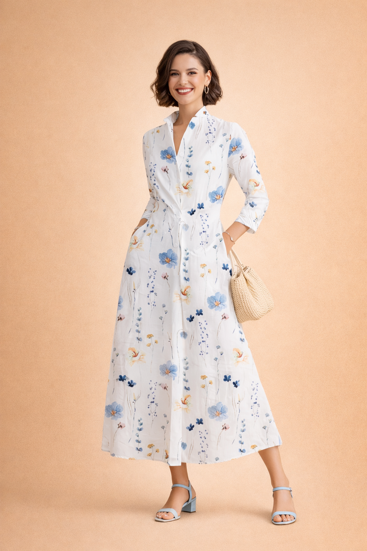 Elegantes weißes Damen Midikleid mit Blumenmuster und 3/4-Ärmeln, A-Linie, perfekt als Sommer-Freizeitkleid.