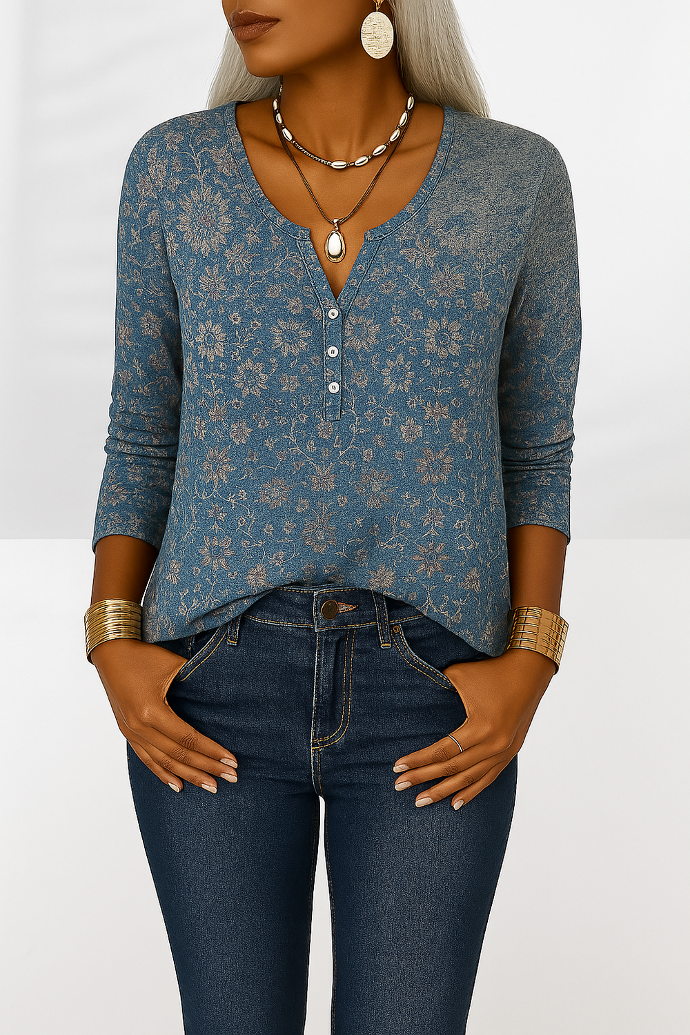 Elegante Damenbluse mit floralem Muster & V-Ausschnitt. Modisches Langarm-Oberteil im Boho-Stil für Frühling/Sommer.