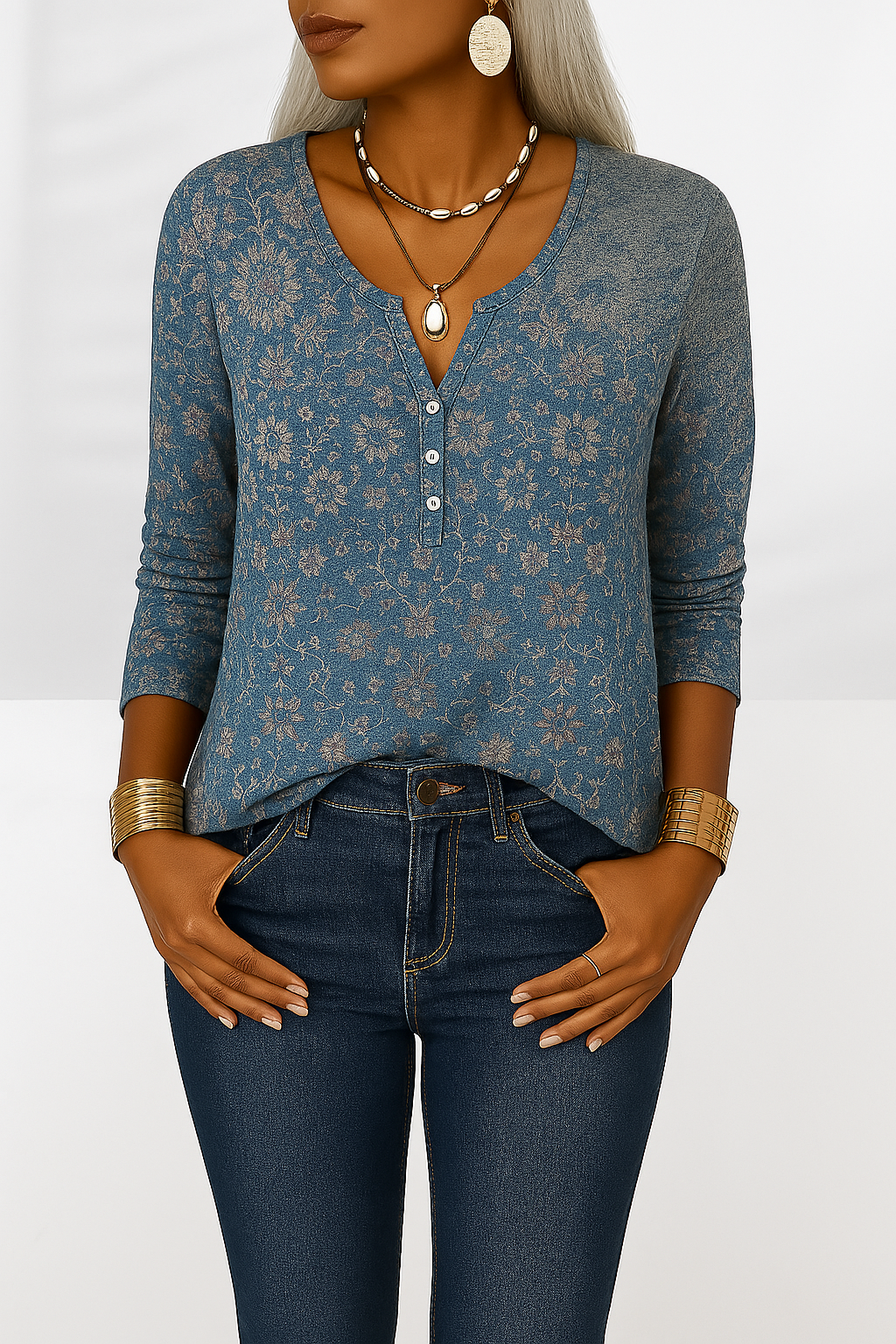 Elegante Damenbluse mit floralem Muster & V-Ausschnitt. Modisches Langarm-Oberteil im Boho-Stil für Frühling/Sommer.