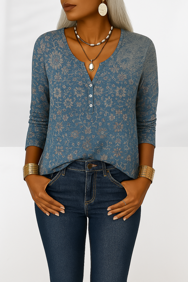Elegante Damenbluse mit floralem Muster & V-Ausschnitt. Modisches Langarm-Oberteil im Boho-Stil für Frühling/Sommer.