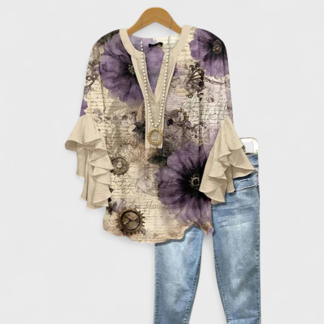 Vielseitige Damenbluse mit V-Ausschnitt und Volantärmeln. Elegant & casual für jeden Anlass.