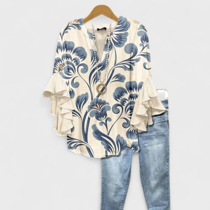 Elegante Damenbluse mit V-Ausschnitt und modischen Volantärmeln. Vielseitig für Sommer & Frühling.