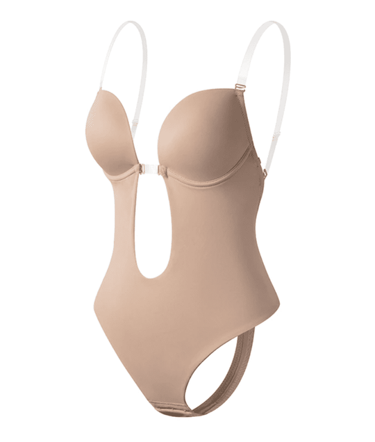 Weißer eleganter Damen Body mit freiem Rücken, slim fit, ideal für Sommer-Outfits oder als schicke Unterwäsche.