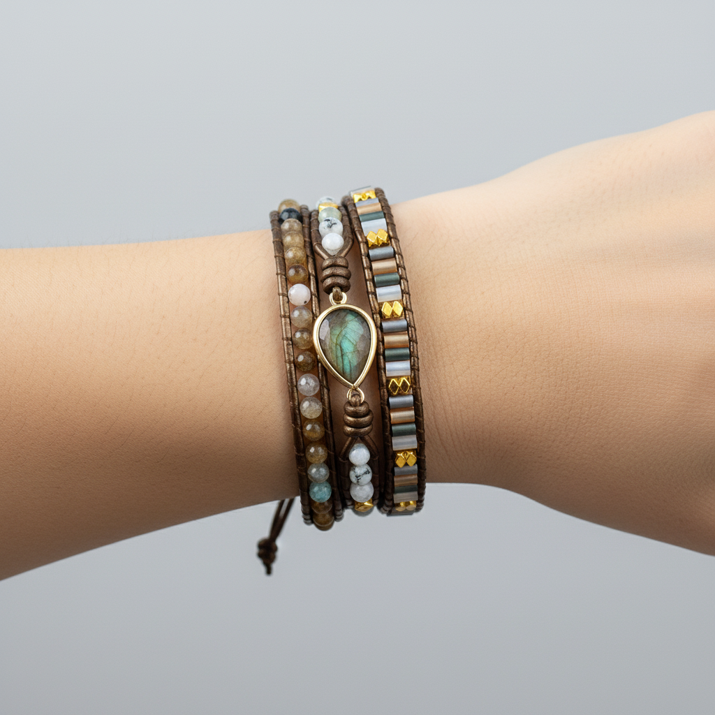 Edles Damen-Wickelarmband mit facettiertem Labradorit. Spiritueller Heilstein-Schmuck im Boho-Stil, handgefertigt.