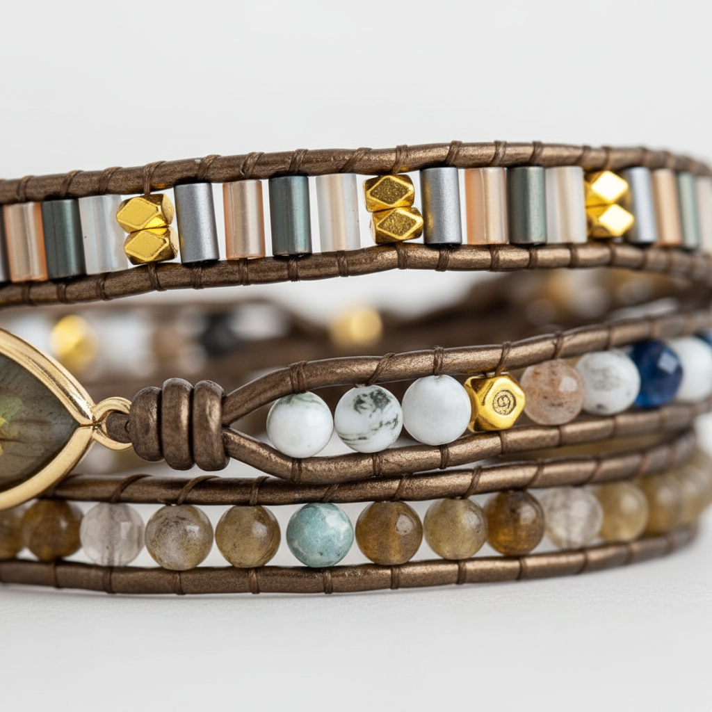 Boho-Wickelarmband für Damen mit echtem Labradorit. Einzigartiger Naturstein-Schmuck als Geschenkidee.