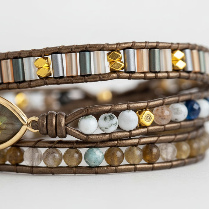 Boho-Wickelarmband für Damen mit echtem Labradorit. Einzigartiger Naturstein-Schmuck als Geschenkidee.