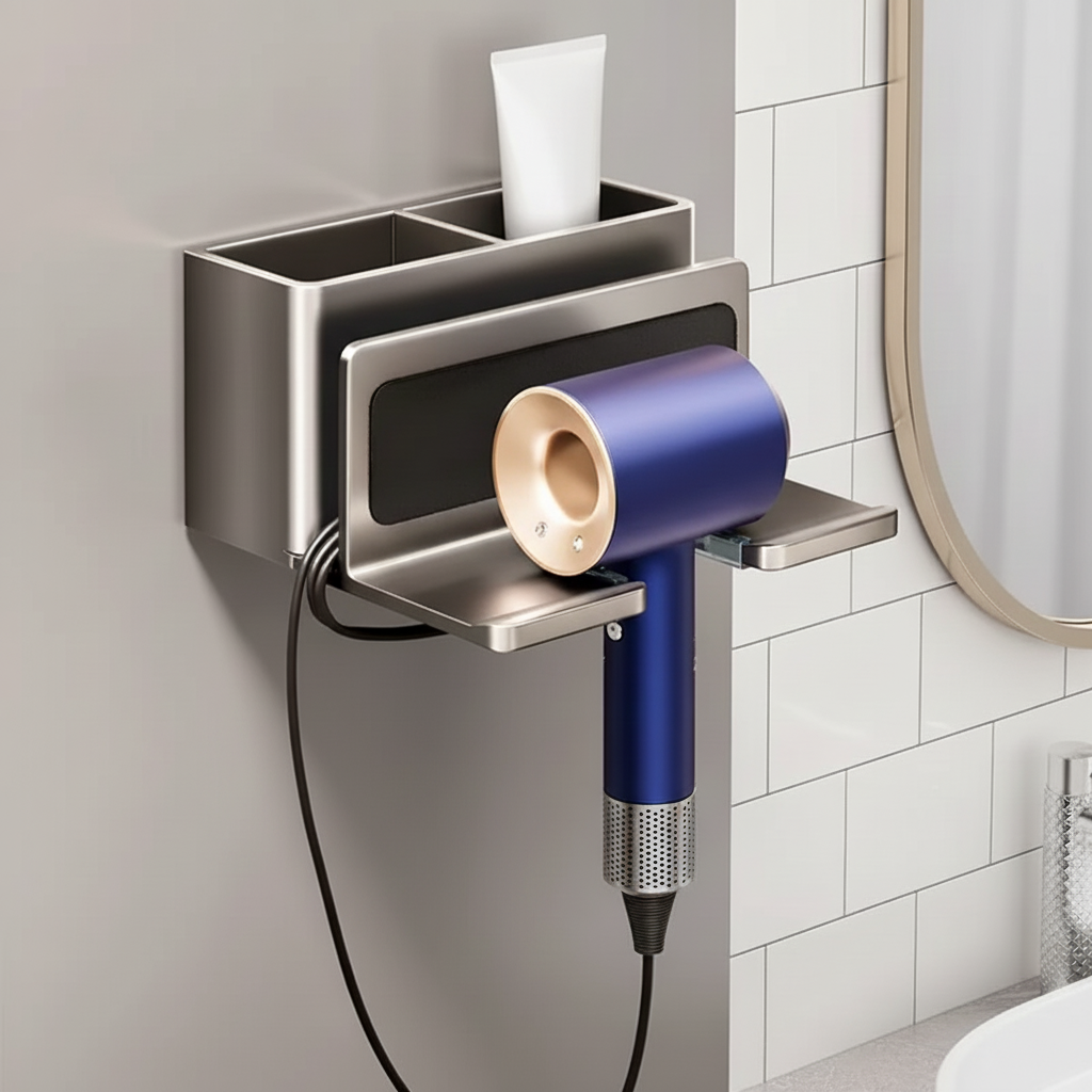 Bohrfreier Badorganizer BreezeDock: minimalistische Fön Halterung aus Aluminium für platzsparende Wandmontage.