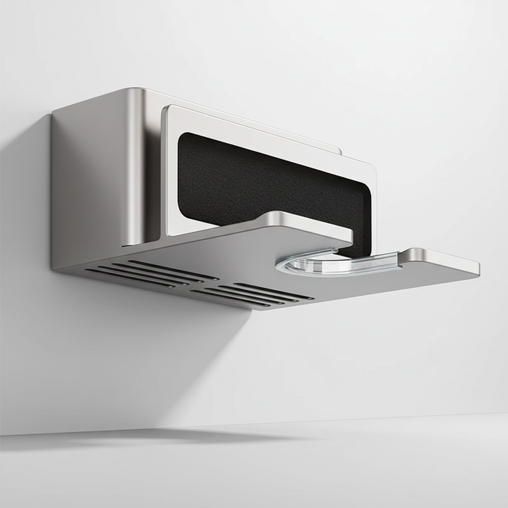 Eleganter, bohrfreier Badorganizer in Weiß mit Fön Halterung; ideal für Ordnung im Bad & an der Wand.
