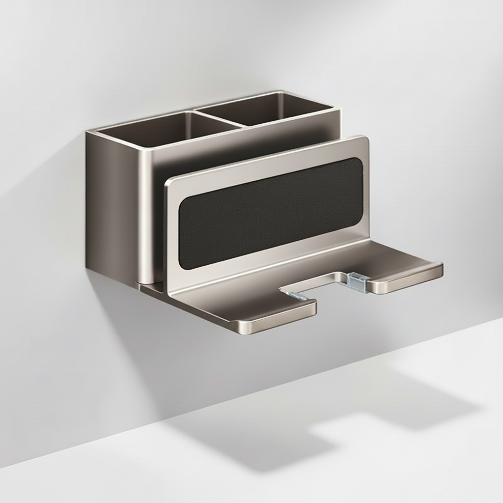 Unisex Wand-Organizer für Badezimmer: Fön Halterung & Ablage aus Aluminium in Weiß, einfach anzubringen.