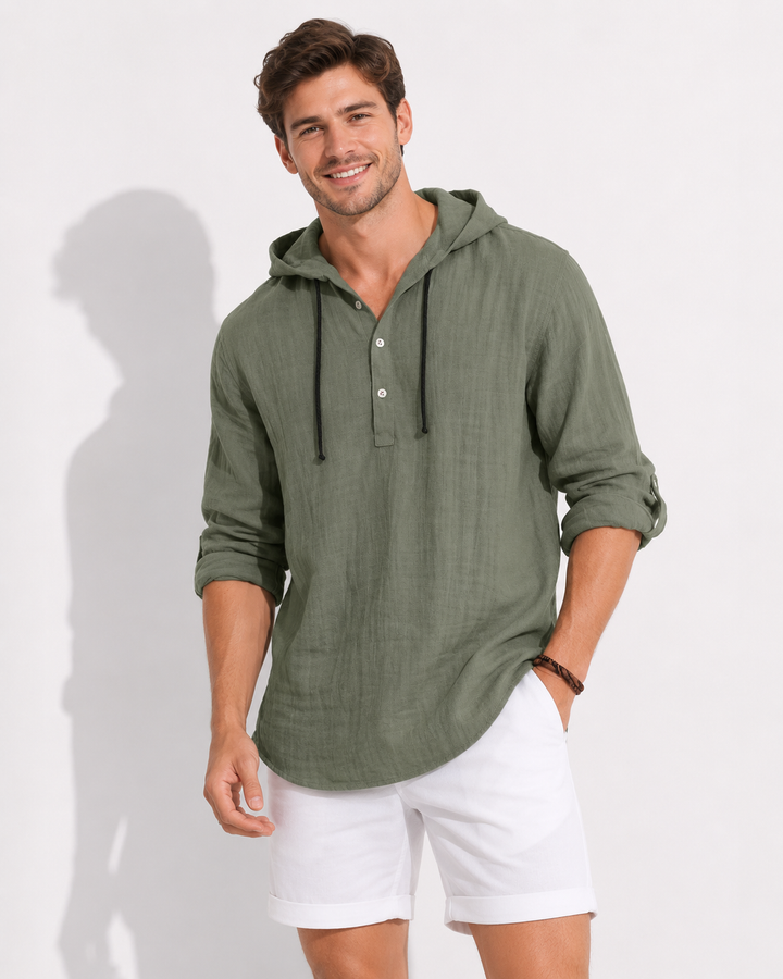 Vielseitiges Herren Langarm Kapuzenhemd, elegant & bequem. Perfekt für Smart Casual und Alltag.