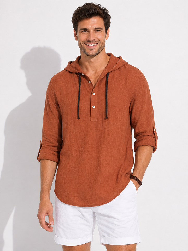 Stylisches schwarzes Herren Langarm Kapuzenhemd. Elegant, bequem und vielseitig für moderne Herrenmode.