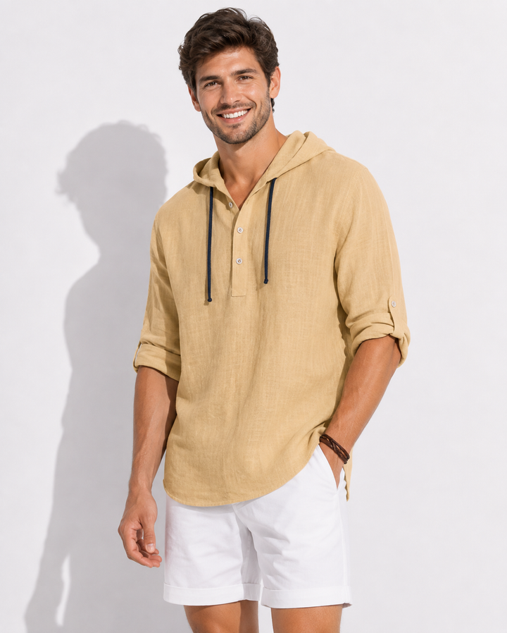 Schwarzes Herren Langarm Kapuzenhemd, bequem und stylisch. Ideal für Smart Casual und den täglichen Gebrauch.