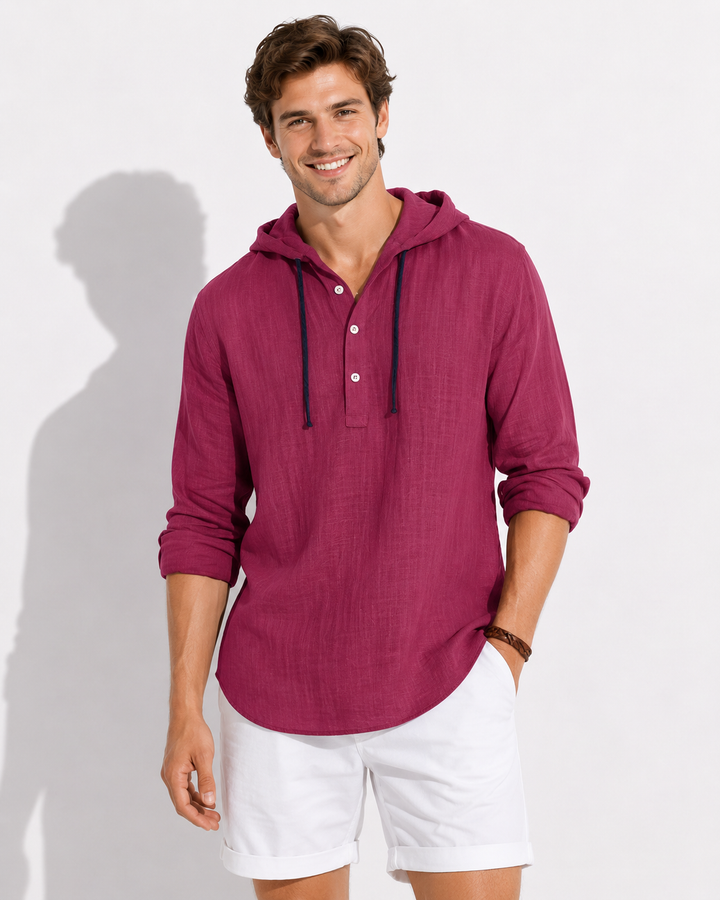 Elegantes graues Herren Kapuzenhemd mit langen Ärmeln, vielseitig kombinierbar für moderne Herrenmode.