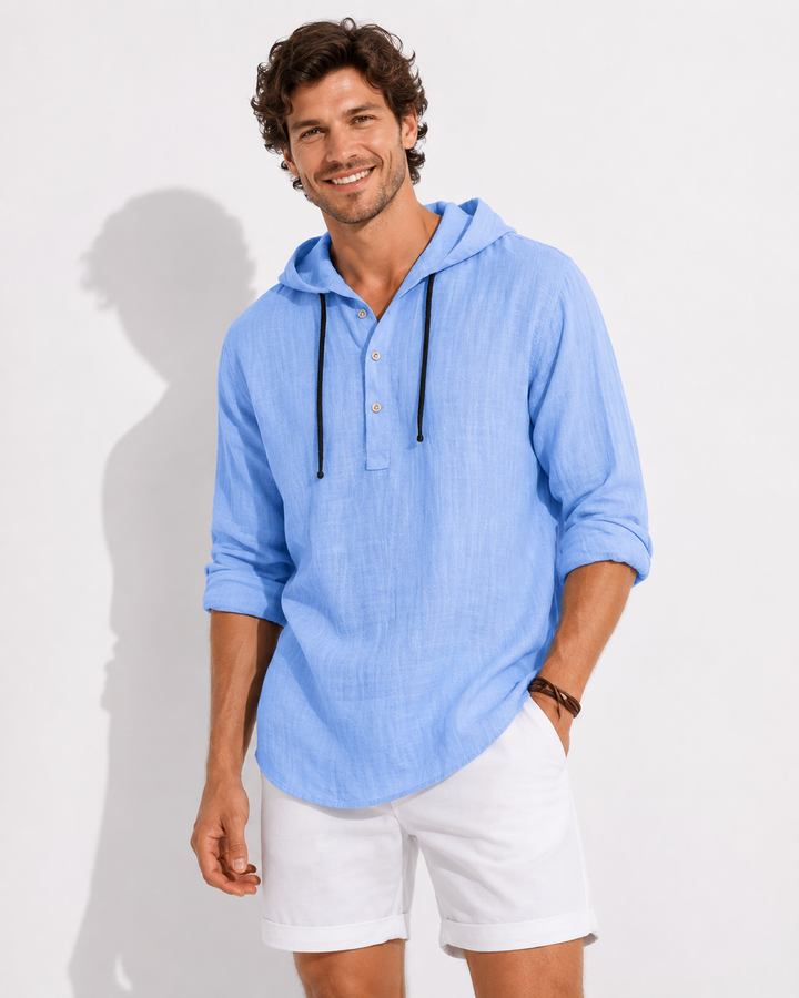 Olivgrünes Herren Kapuzenhemd, langärmlig. Ideal für Freizeit, elegante Anlässe und vielseitige Herrenmode.