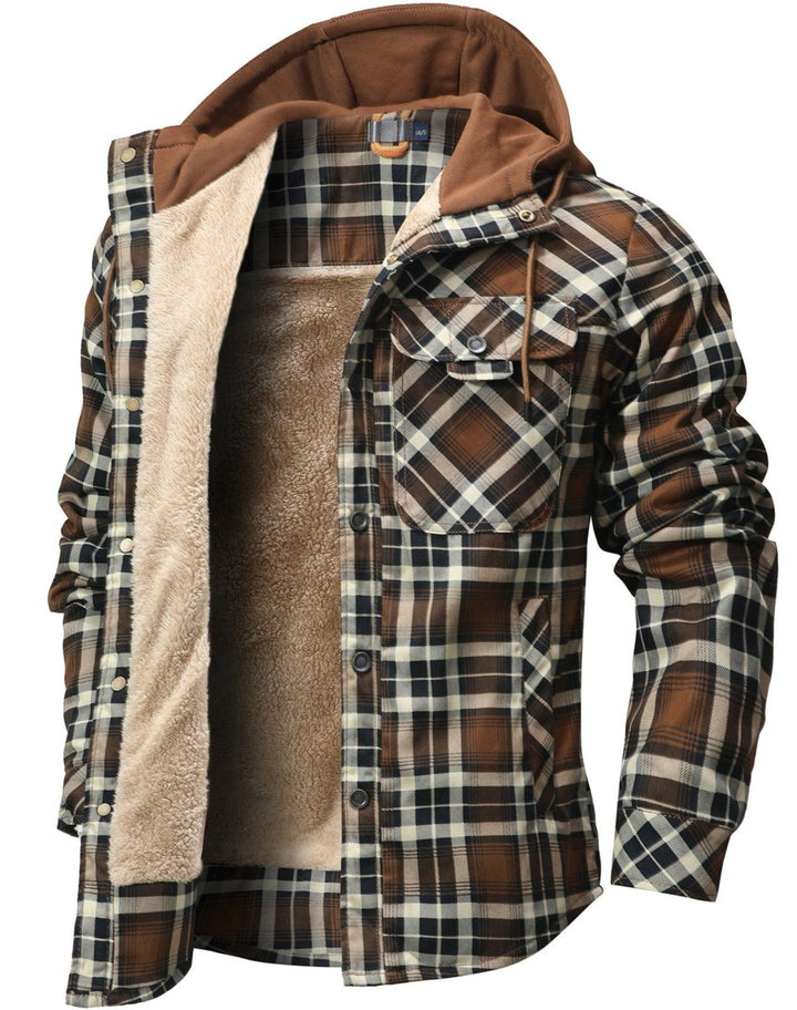 Lässige Herren-Übergangsjacke, kariert, mit Kapuze, warm und bequem für Freizeit & Alltag.