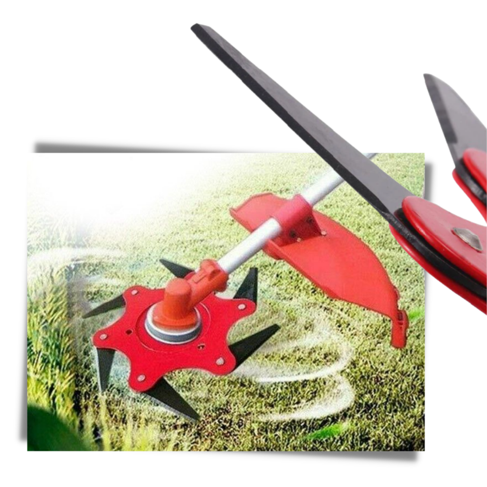 Roter Freischneiderkopf mit 6 Stahlklingen, universelles Gartenzubehör für jeden Gartenhelfer.