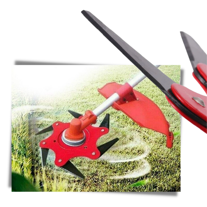 Roter Freischneiderkopf mit 6 Stahlklingen, universelles Gartenzubehör für jeden Gartenhelfer.