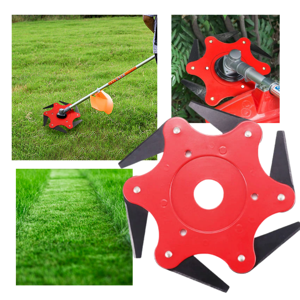 Universeller Mähkopf mit 6 Stahlklingen, ideal für Gartenarbeit und dichte Vegetation.
