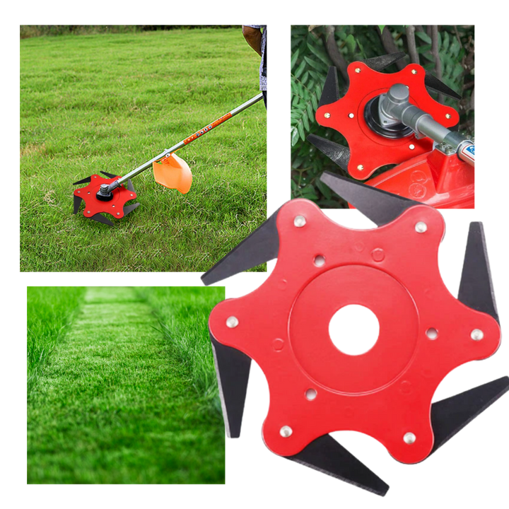 Universeller Mähkopf mit 6 Stahlklingen, ideal für Gartenarbeit und dichte Vegetation.