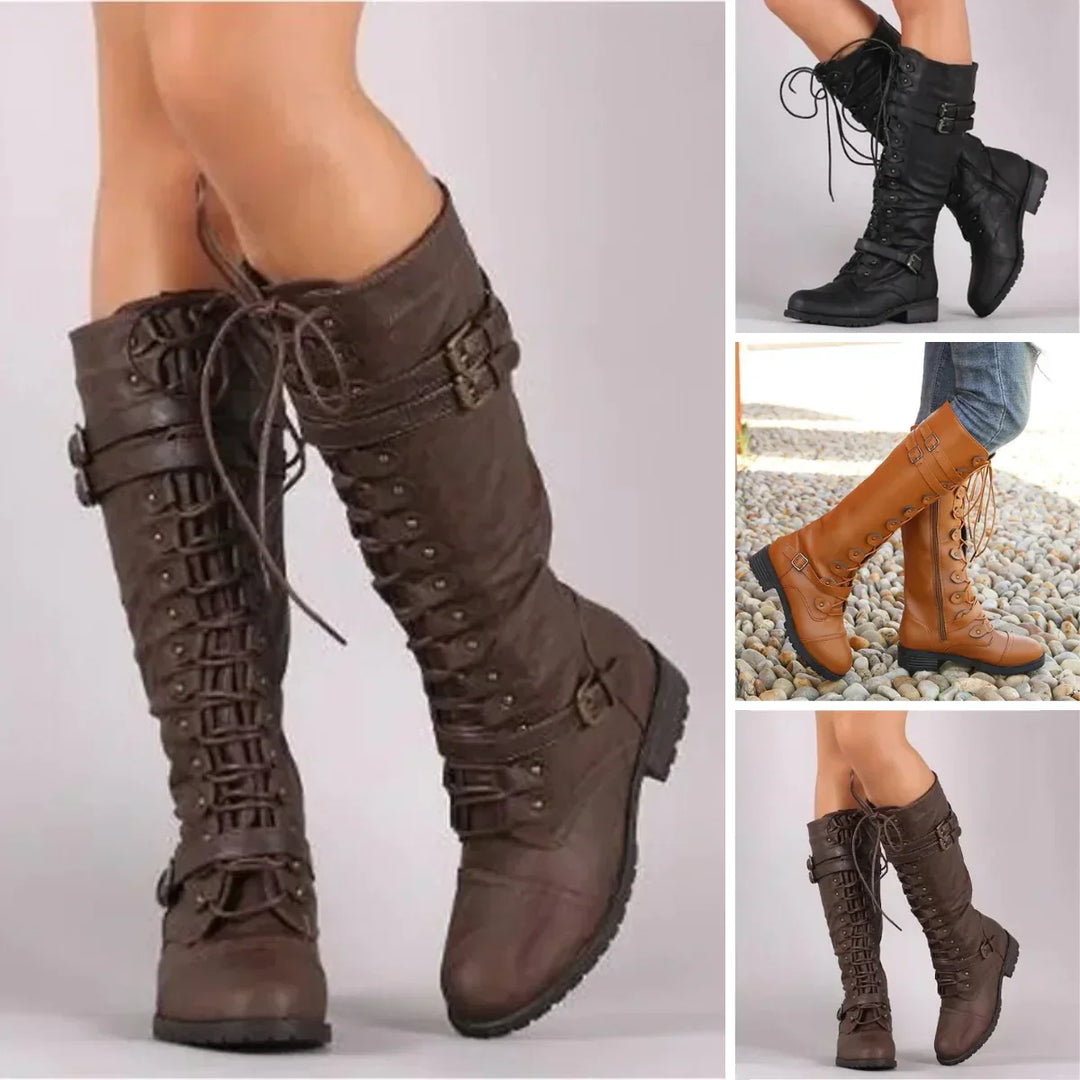 Modische Damen Stiefel für den Herbst, kniehoch und flach. Bieten stilvollen Komfort für die Übergangszeit.