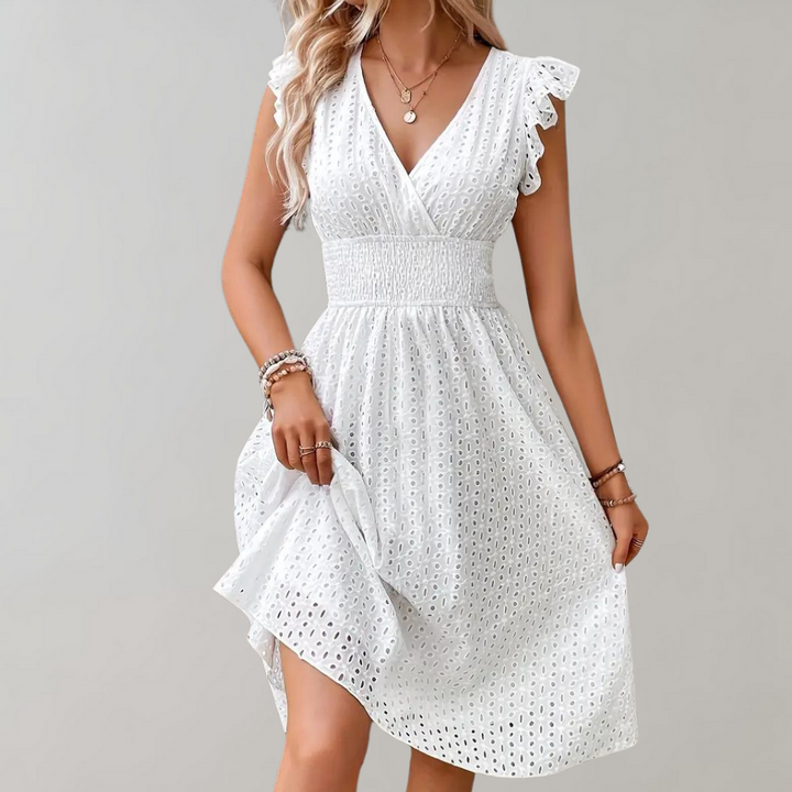 Vielseitiges weißes Kurzarm-Sommerkleid für Damen mit Rüschenärmeln, ideal für Freizeit & festliche Anlässe.
