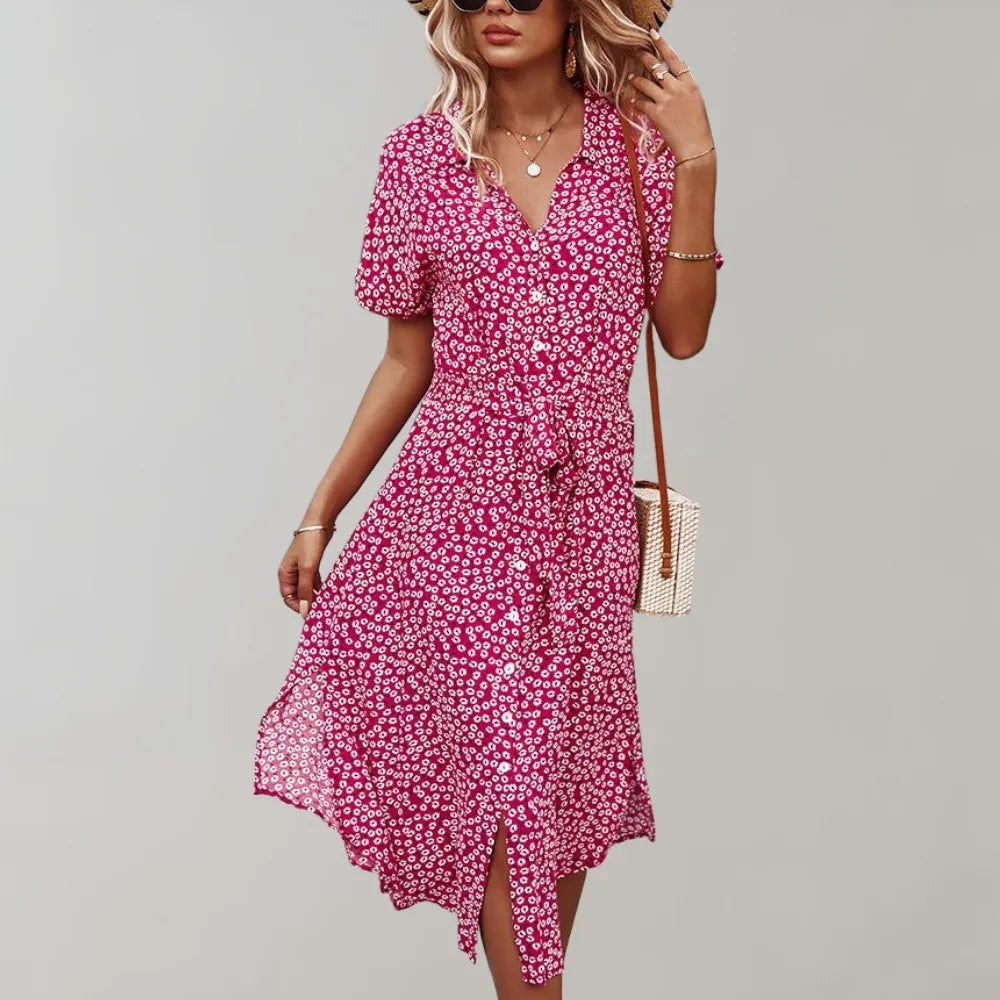 Fließendes Damen Midi-Kleid, ideal als elegantes Büro- oder komfortables Freizeitkleid für den Sommer.