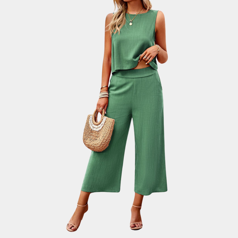 Modisches Damen Zweiteiler Set: Sommer Top und bequeme weite Hose. Ideal für lässige Eleganz.