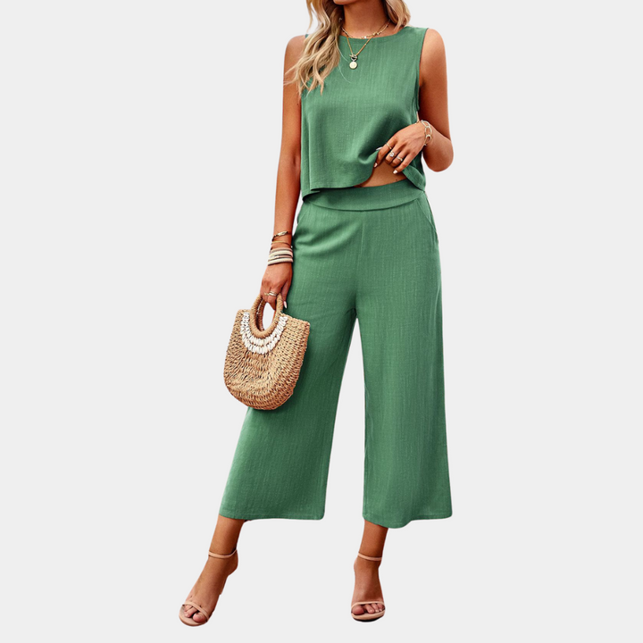 Modisches Damen Zweiteiler Set: Sommer Top und bequeme weite Hose. Ideal für lässige Eleganz.