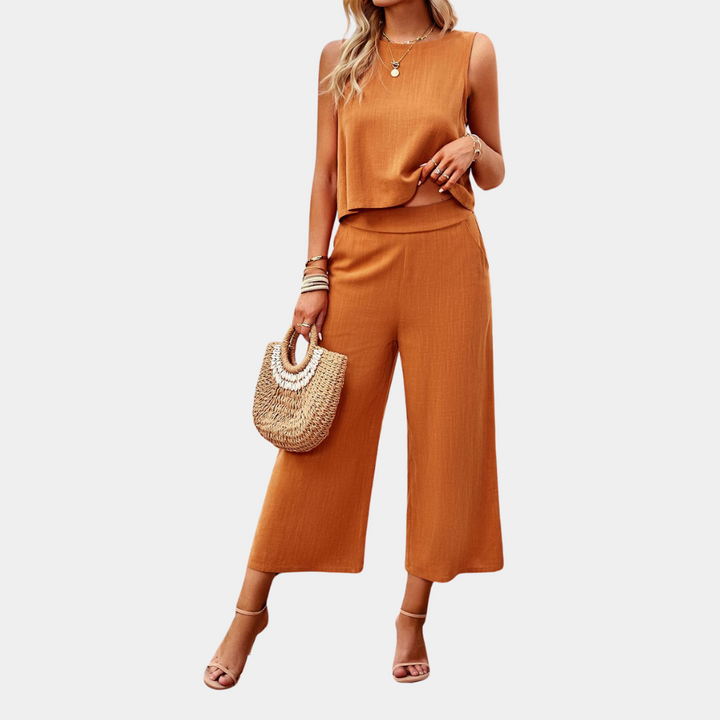 Elegantes Damen Zweiteiler Sommer Set mit Cropped Top und weiter Hose für Komfort und Stil.