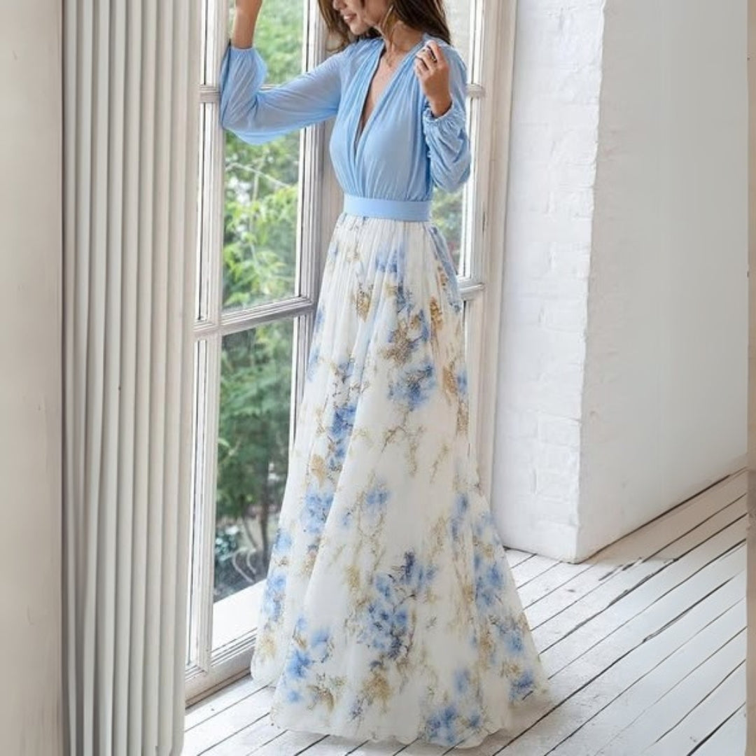 Modisches Damen Maxikleid mit Blumenprint. Ein fließendes Freizeitkleid, auch elegant für Sommerpartys.