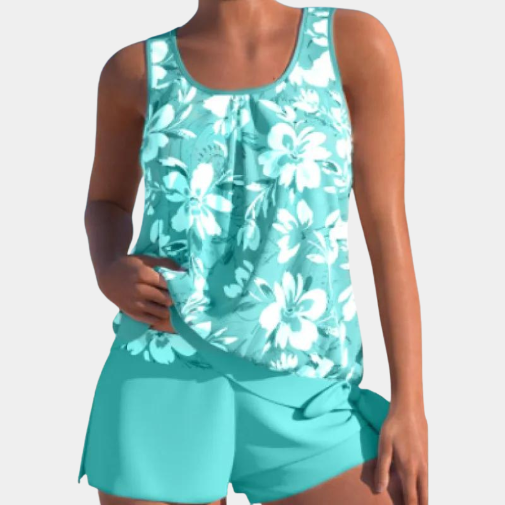 Damen Tankini Set "Malia" für Sommer & Urlaub; bequeme zweiteilige Bademode in Grau-Blau.