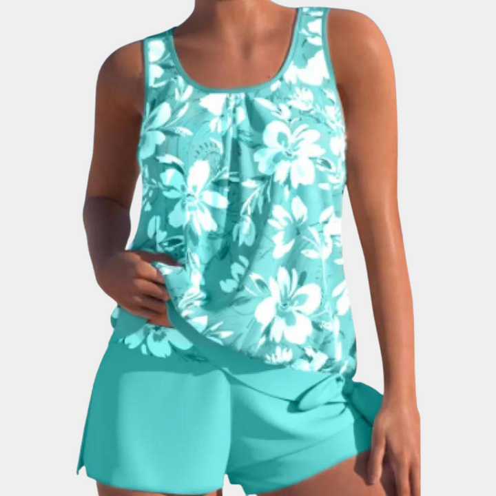 Damen Tankini Set "Malia" für Sommer & Urlaub; bequeme zweiteilige Bademode in Grau-Blau.