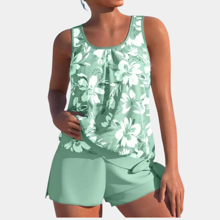 Komfortables Damen Tankini Oberteil & Hose, perfekt für Strandurlaub. Verfügbar in Grün, Blau, Weiß.