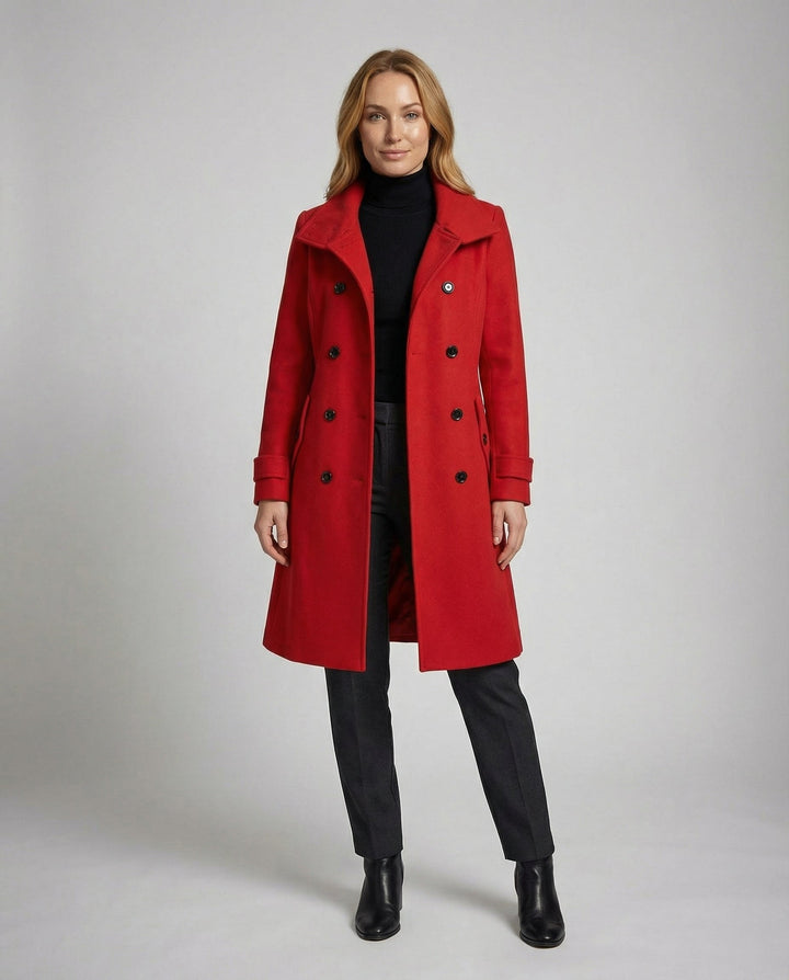Stilvoller Damen Gürteltrenchcoat in Midilänge, doppelreihig. Perfekt für modische Herbst- & Winterlooks.