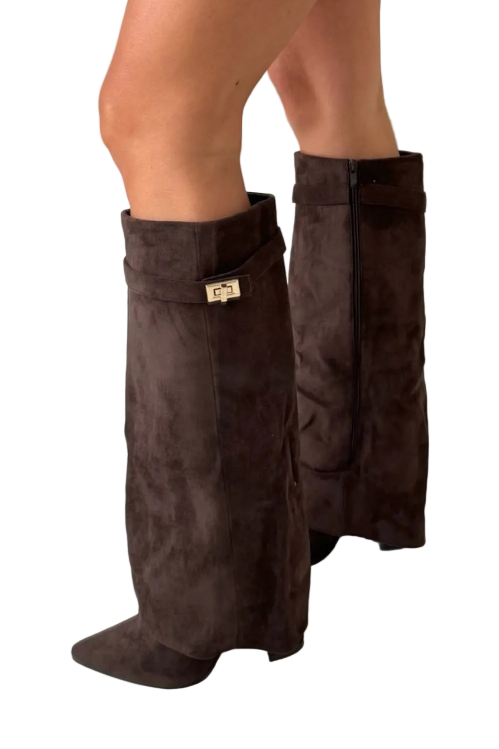 Braune hohe Damen Stiefel mit Blockabsatz, zeitlosem Stil. Komfortable Damenschuhe für jeden Anlass.