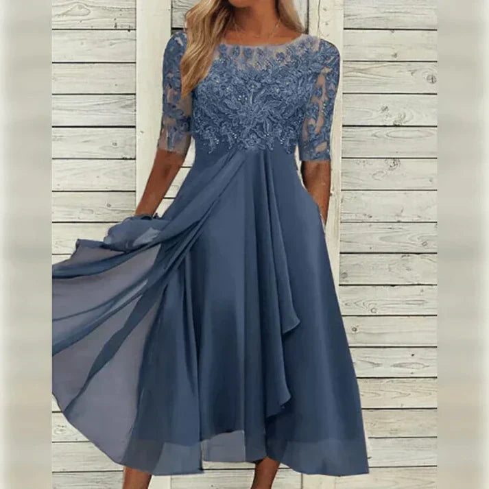 Stilvolles Damen Midikleid in Gold-Metallic-Optik, A-Linie, schickes Abendkleid für besondere Feiern.